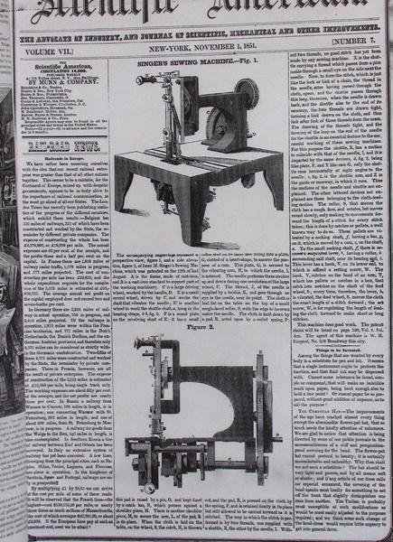 El modelo original de la máquina de coser por Isaac Merrit Singer (1811-75) de Scientific American, 1 de noviembre de 1851 de American School