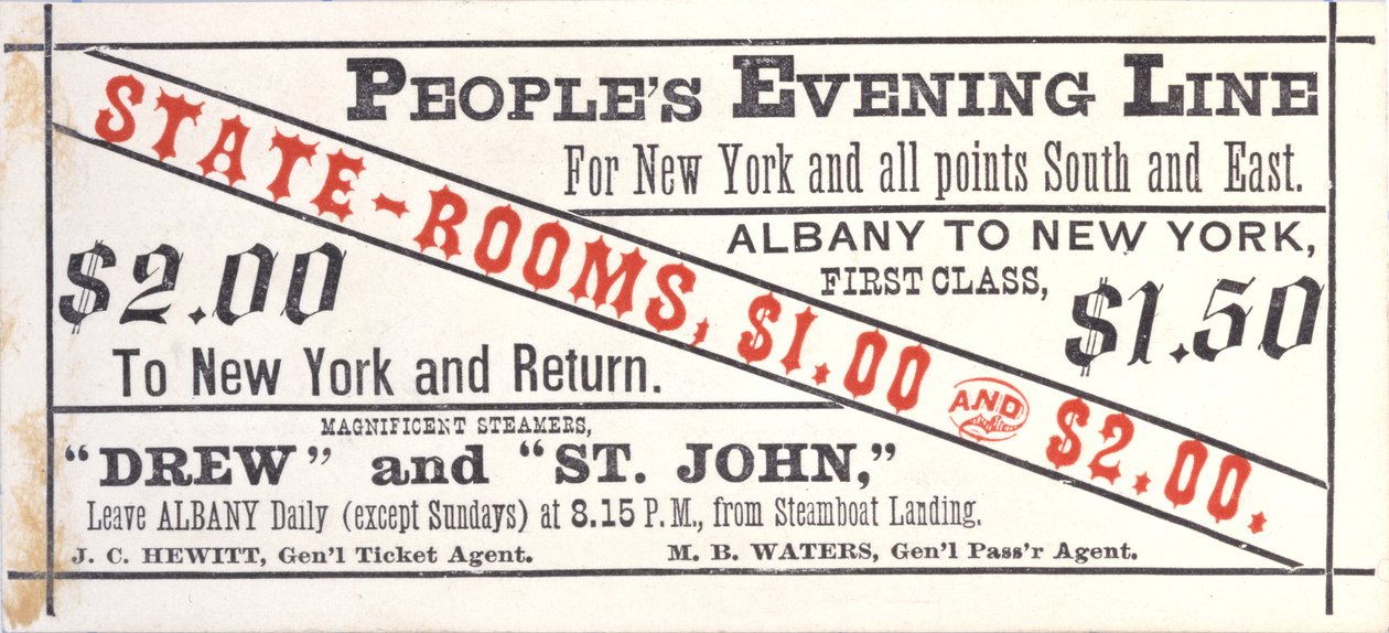 Boleto para la línea nocturna de Peoples, de Albany a Nueva York, recto de American School