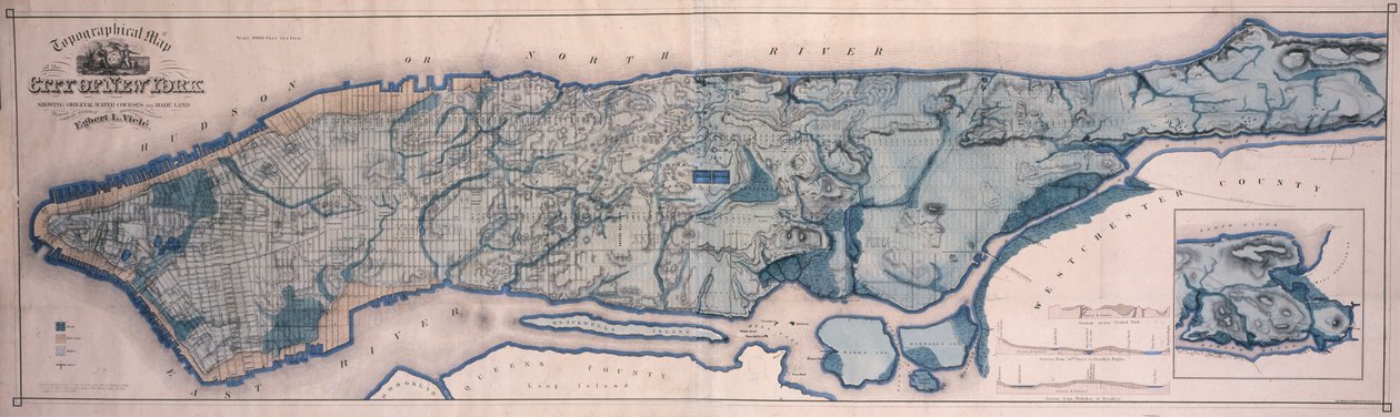 Mapa topográfico de Nueva York, mostrando cursos de agua y tierras ganadas, 1865 de American School