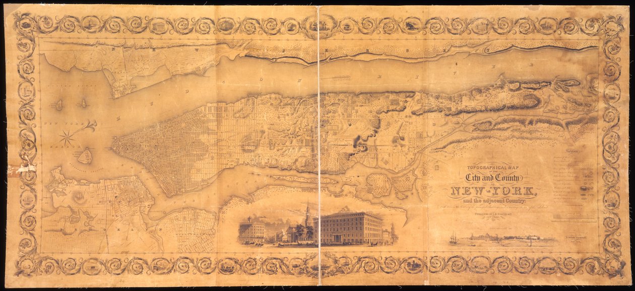 Mapa topográfico de la Ciudad y el Condado de Nueva York, y el país adyacente: con vistas en el borde de los edificios principales y el paisaje interesante de la isla de American School