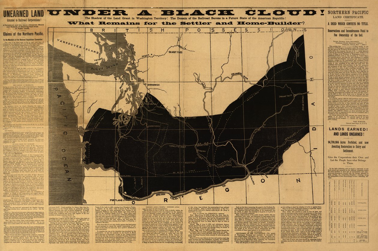 ¡Bajo una nube negra! ¿Qué queda para el colono y constructor de viviendas? Mapa del Territorio de Washington publicado por el Departamento del Interior en 1883 de American School