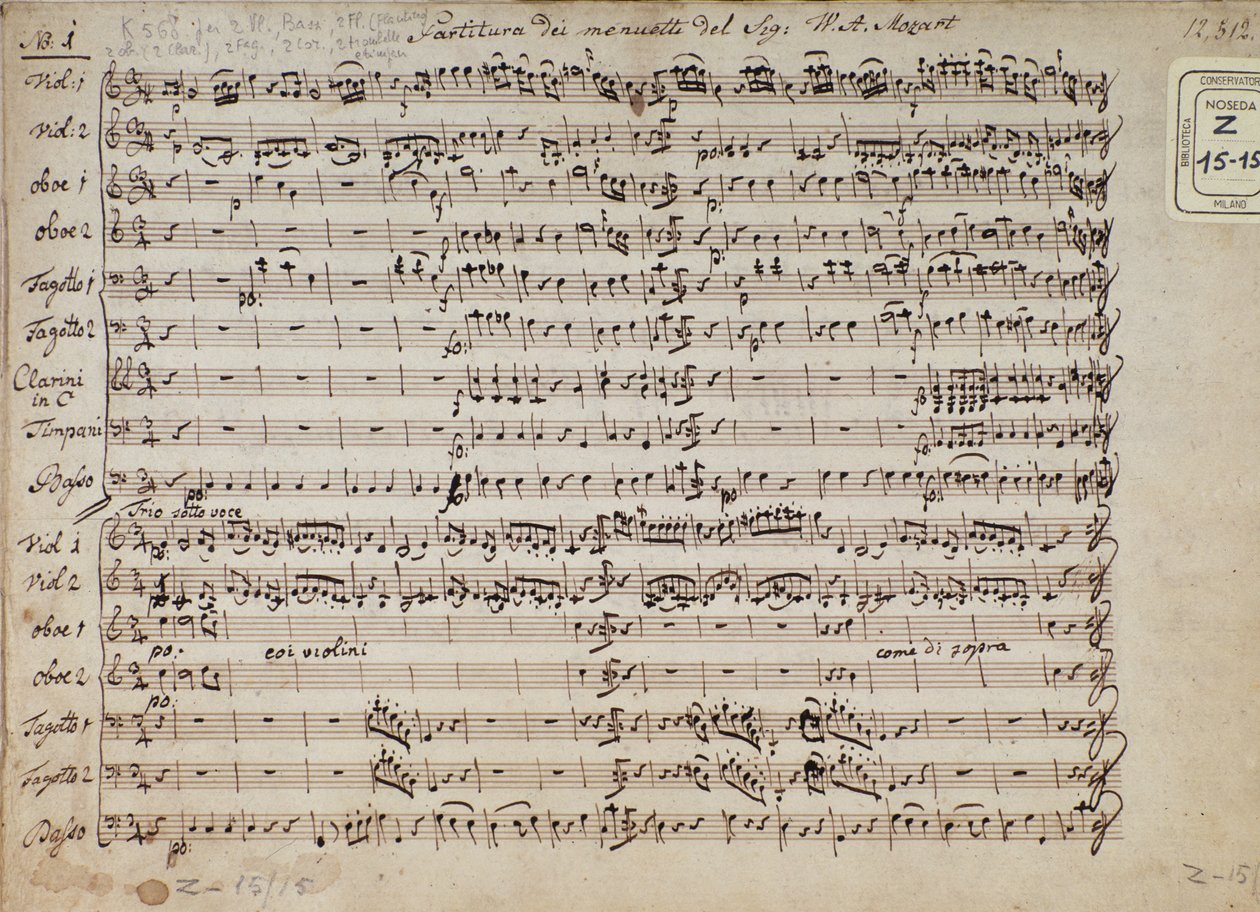 Página de la partitura de minuets en 5 cadencias para piano, K 568 por el compositor austríaco Wolfgang Amadeus Mozart (1756-1791) de Austrian School