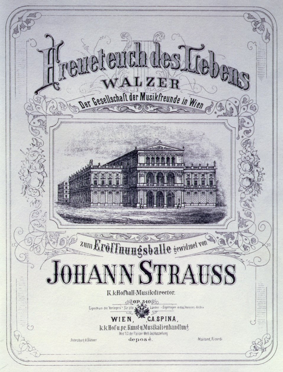Póster publicitario de Freueteuch des Lebens, un vals de Johann Strauss el Joven para ser presentado en un baile inaugural de Austrian School