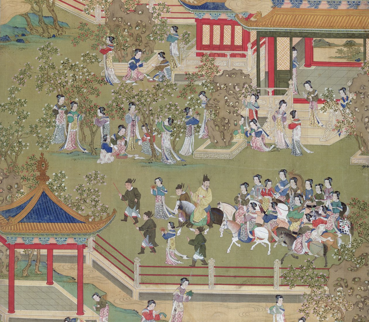 Emperador Yang Ti (581-618) paseando en sus jardines con sus esposas, de una historia de emperadores chinos (detalle) de Chinese School