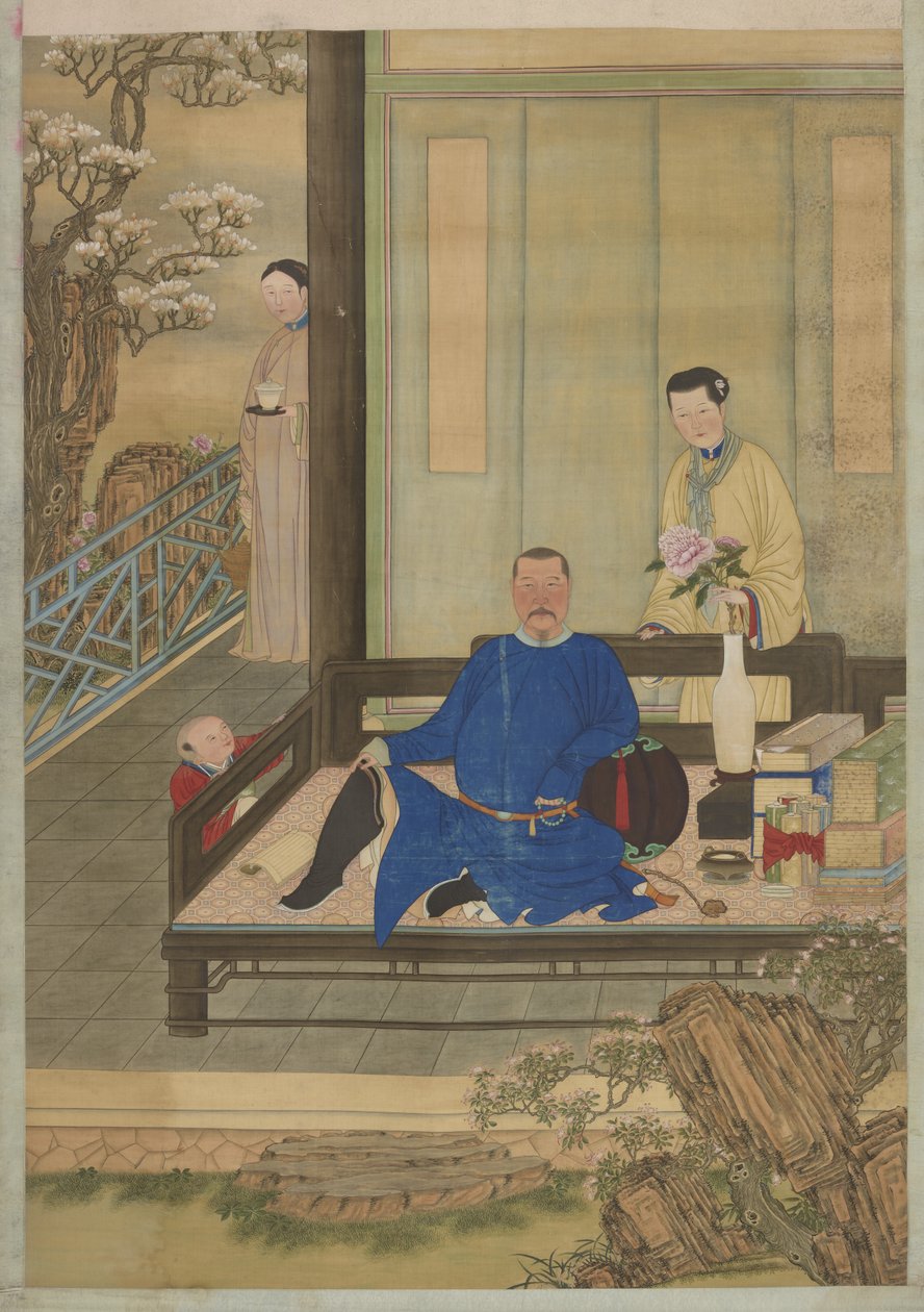 Retrato de un hombre no identificado y su hijo, Dinastía Qing de Chinese School