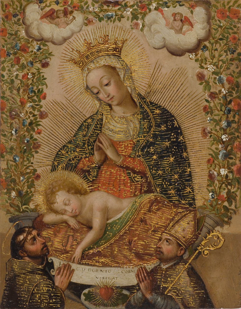 La Virgen adorando al Niño Jesús con dos santos de Cuzco School
