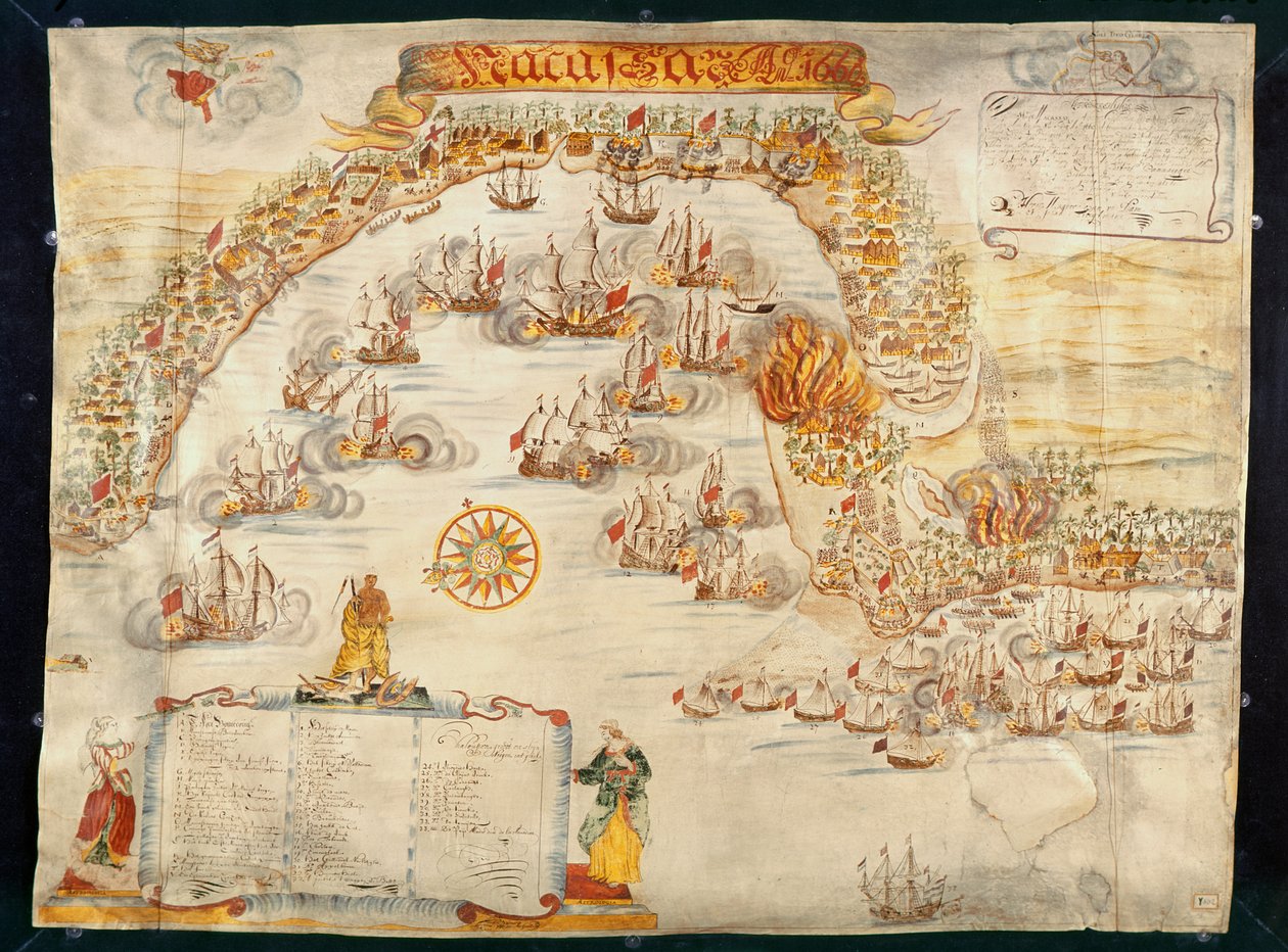 La ciudad de Makassar, ocupada por los portugueses y tomada por los holandeses en 1660 de Dutch School
