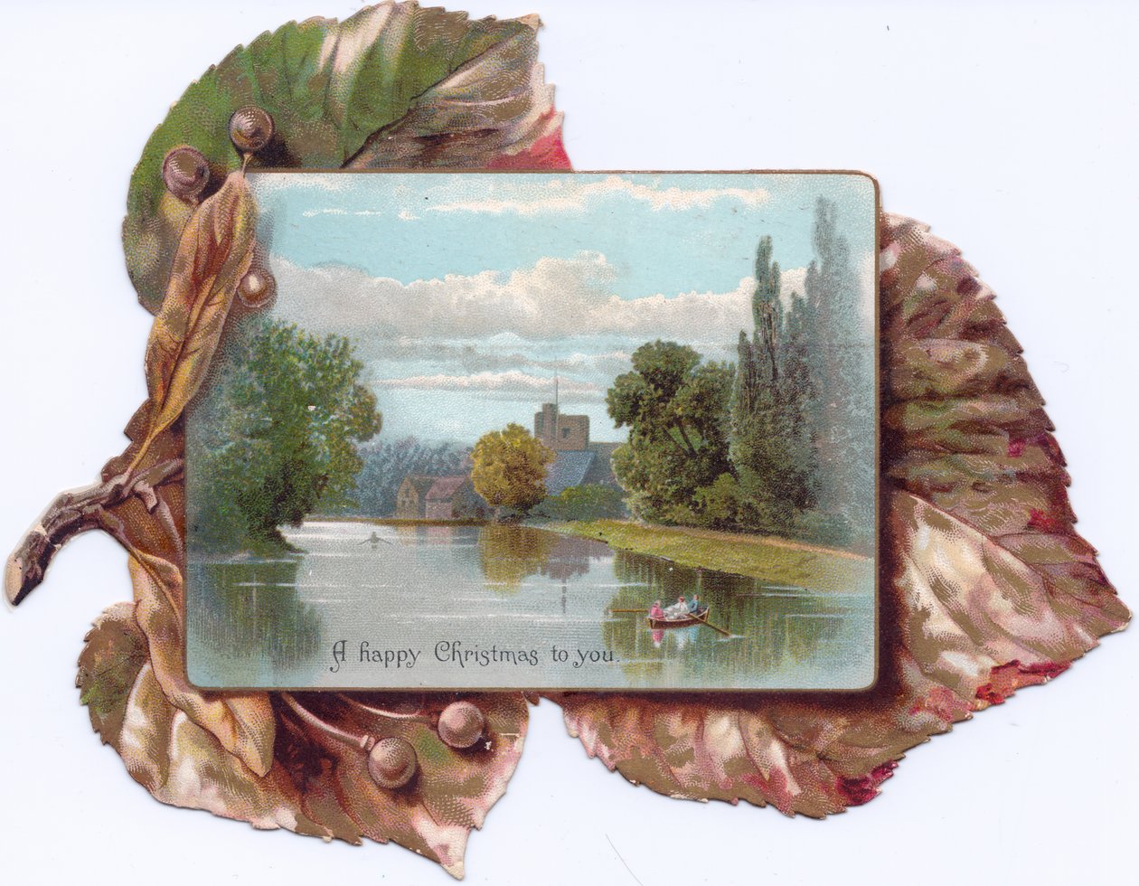 Tarjeta victoriana en forma de hoja con una pintura de un bote en un lago de English School