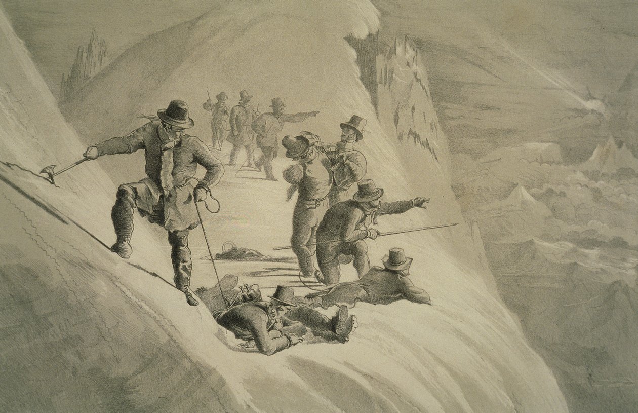 Admirando la vista, de Diez escenas en el último ascenso al Mont Blanc, incluyendo cinco vistas desde la cumbre, por J.D.H. Browne, publicado en 1853 de English School