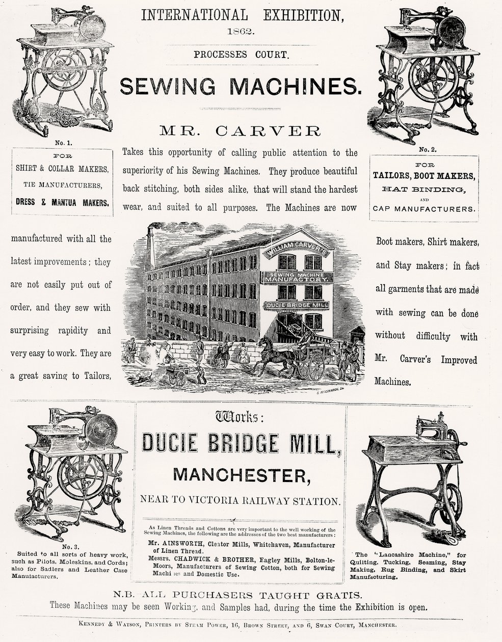 Anuncio de la Exposición Internacional de las máquinas de coser de Mr. Carver, 1862 de English School