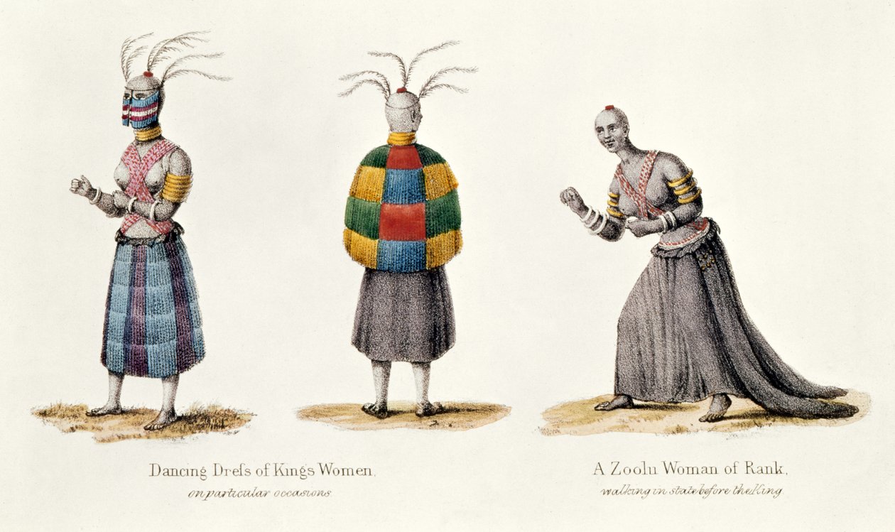 Vestido de baile de las mujeres del rey y una mujer de rango zoolu, ilustración de Narrativa de un viaje al país zoolu por A.F. Gardiner, 1836 de English School