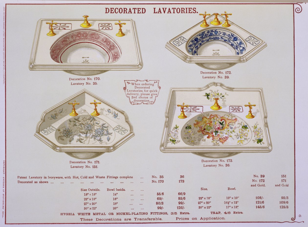 Lavabos decorados de un catálogo de artículos sanitarios producidos por Morrison, Ingram & Co., Manchester, publicado c.1890 de English School