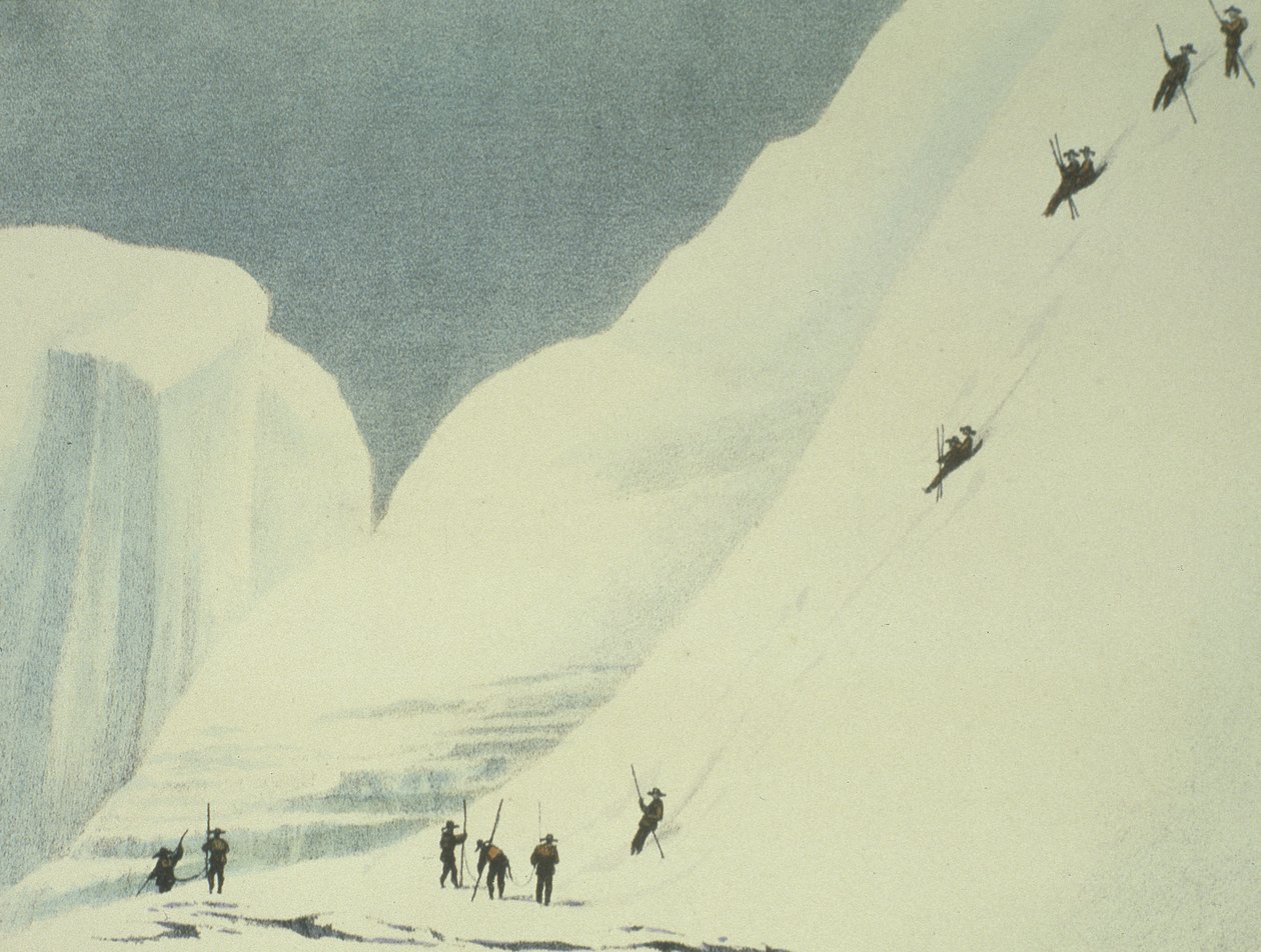 Descendiendo las nieves empinadas, de Una narración de un ascenso a la cumbre del Mont Blanc por Charles Fellows (1799-1860), publicado en 1827 de English School