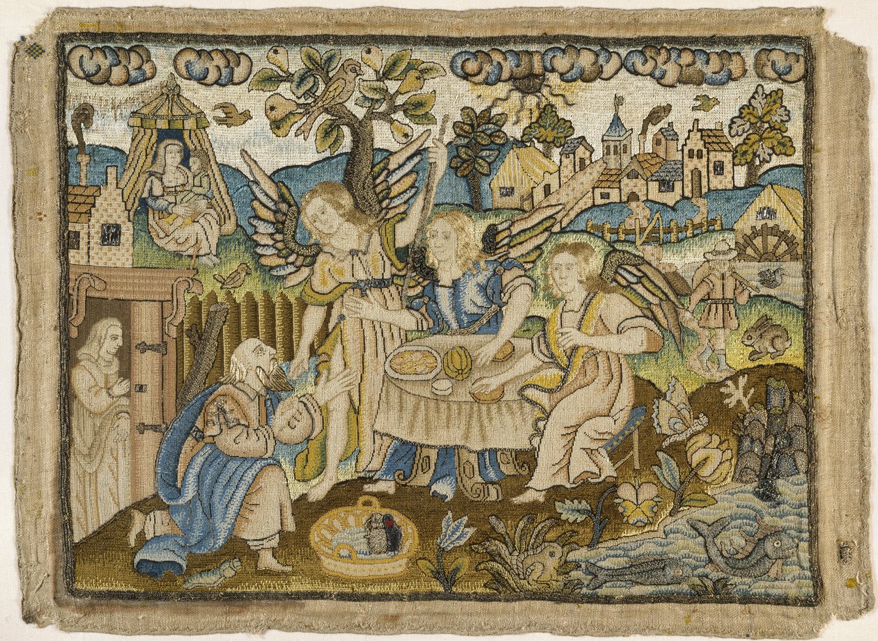 Imagen bordada: Abraham recibiendo a los ángeles, segunda mitad del siglo XVII de English School