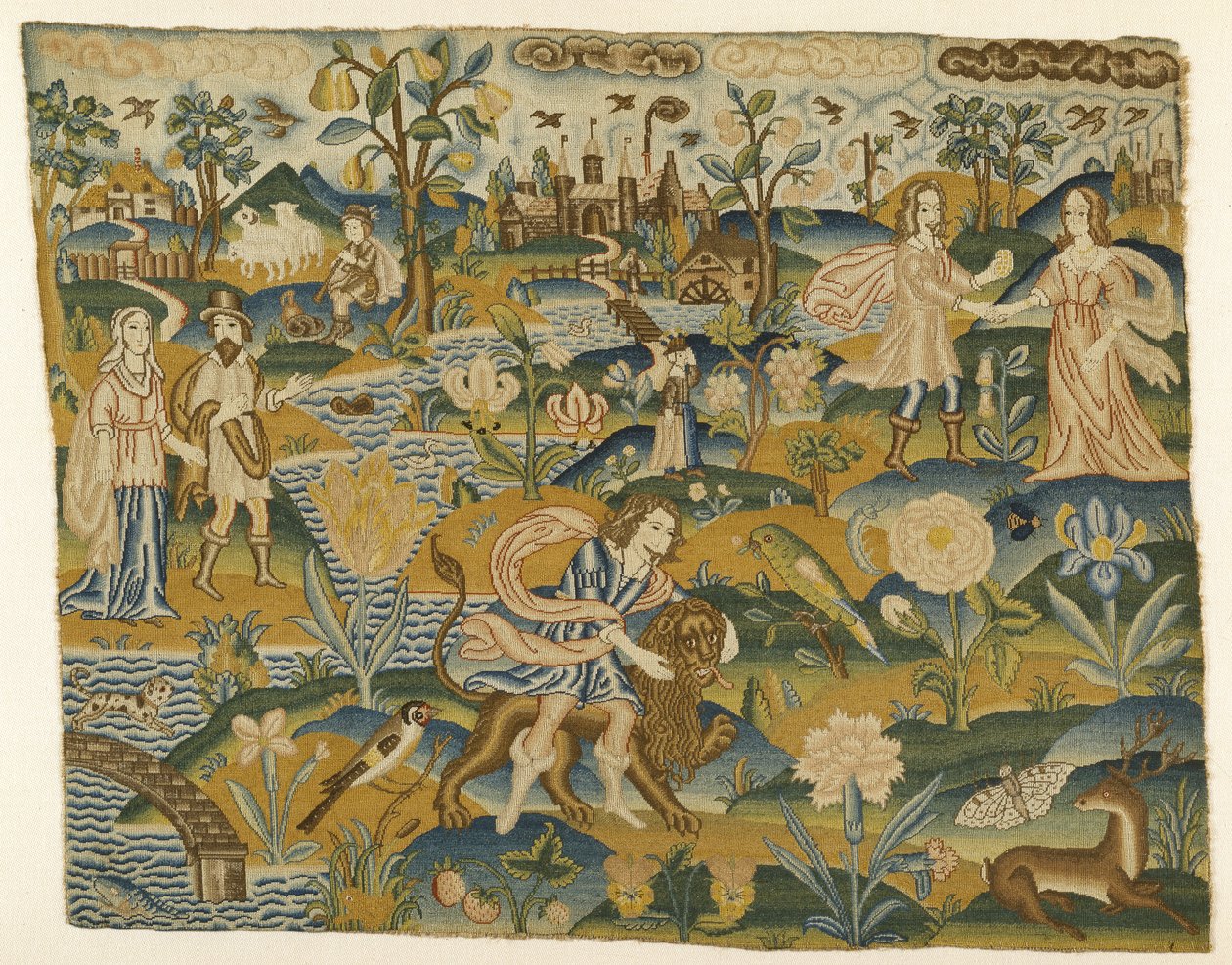 Imagen bordada: Hombre con un león en un paisaje con dos parejas, segunda mitad del siglo XVII de English School