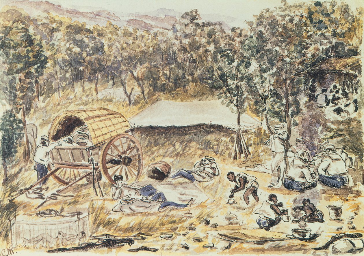 Parada nocturna en el viaje para buscar un camino para el carruaje de la dama Nyasa desde las cataratas hasta el lago, c.1863 de English School
