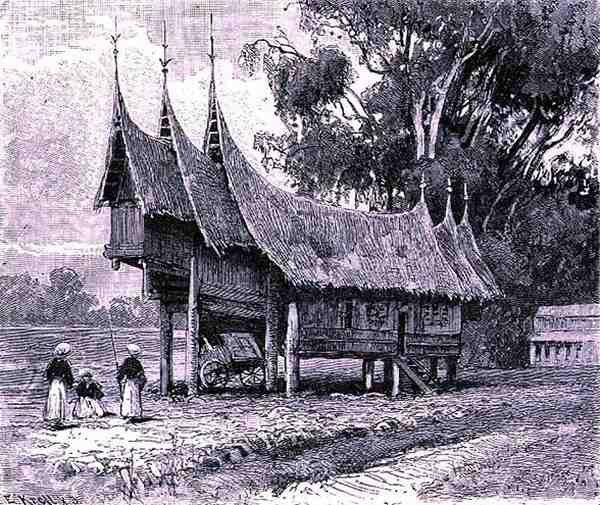 Casa en Sumatra Central, grabado por E. Krell, de La historia de la humanidad, Vol.1, por el Prof. Friedrich Ratzel, 1896 de English School