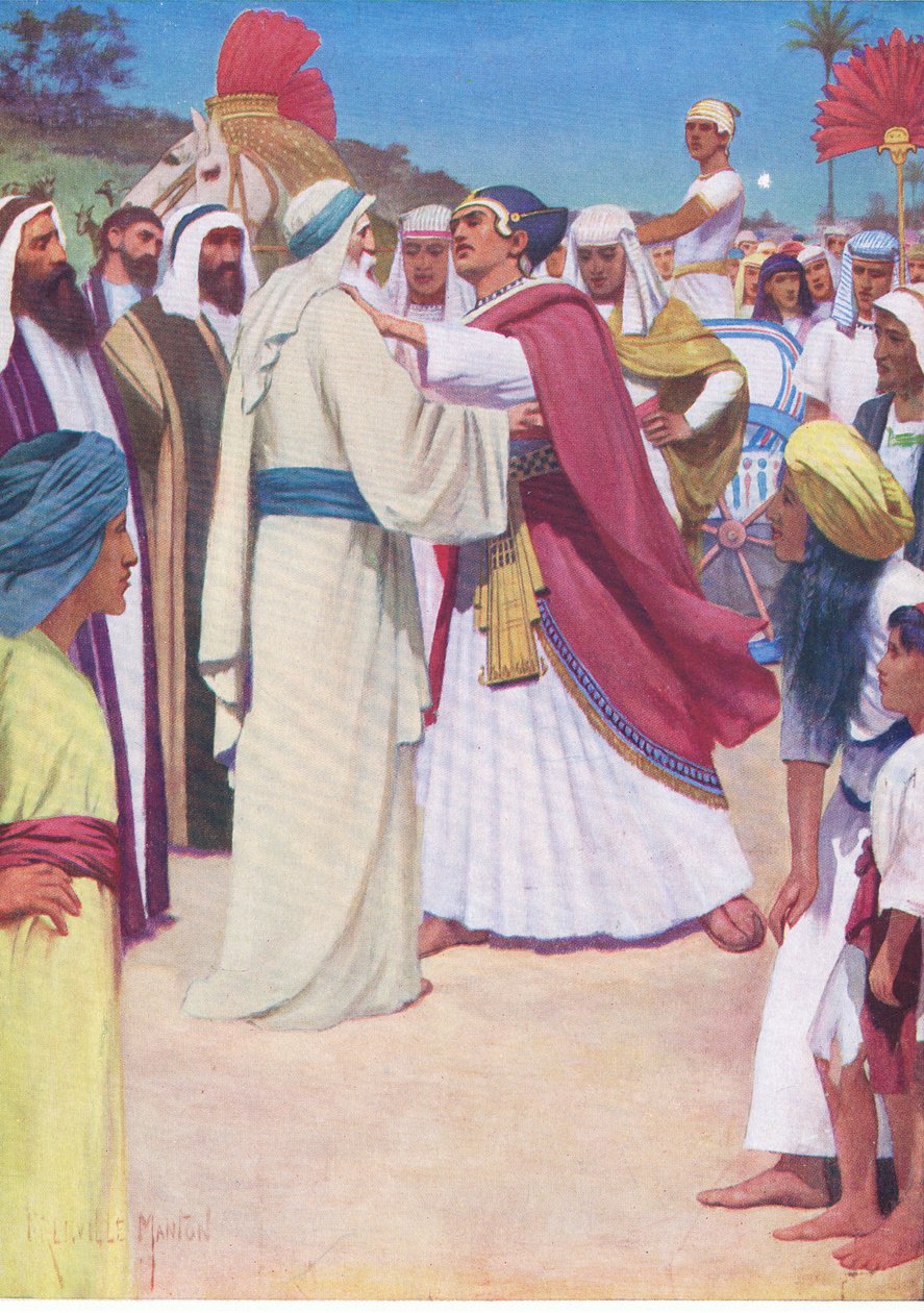 Jacob y José se encuentran, de The Bible Picture Book publicado por Thomas Nelson, c.1950 de English School