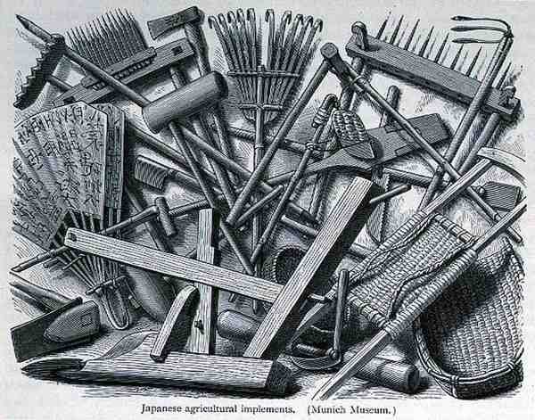 Implementos agrícolas japoneses, de La Historia de la Humanidad, Vol.III, por Prof. Friedrich Ratzel, 1898 de English School