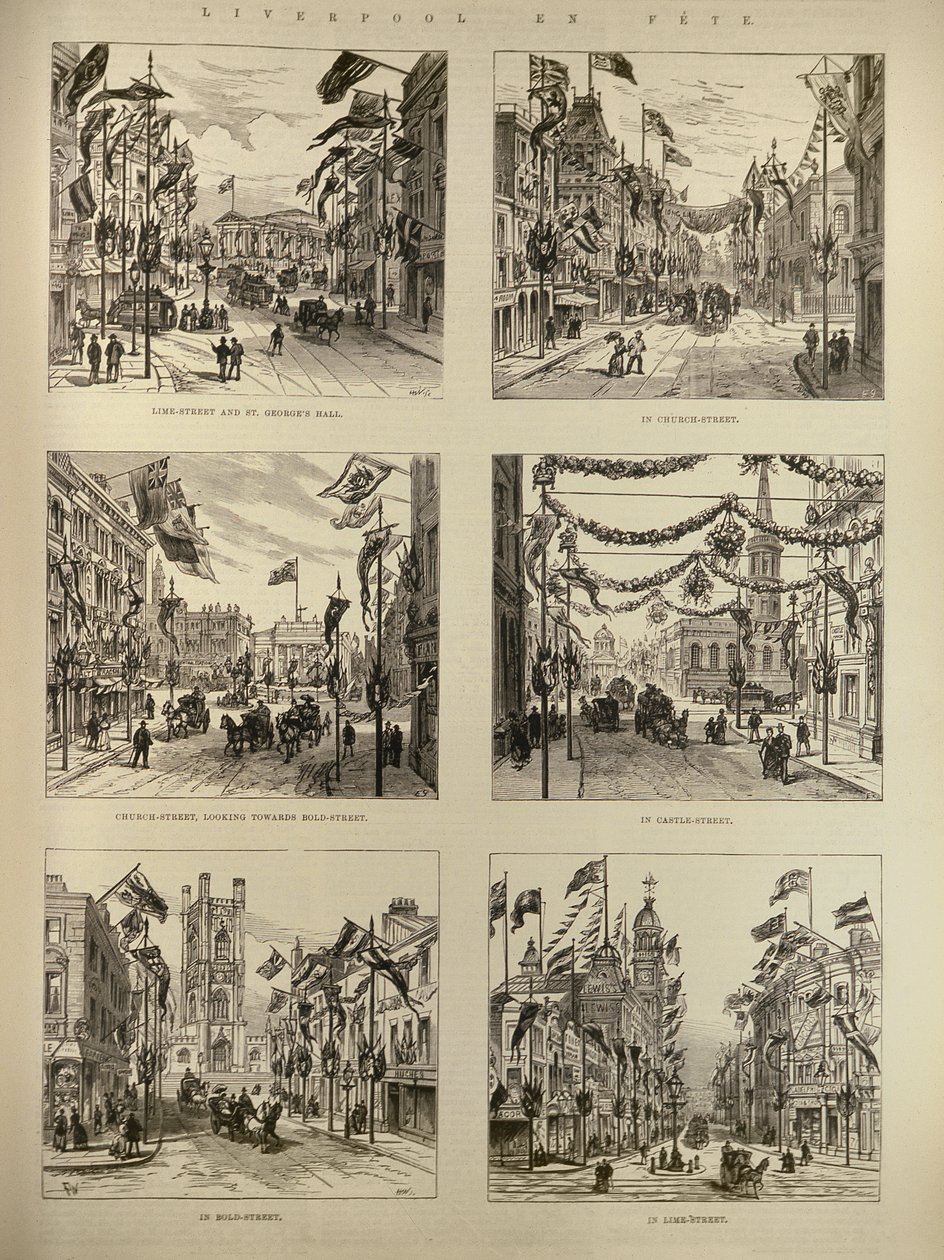 Liverpool en fiesta: Lime Street y St. Georges Hall; Church Street; Castle Street; Bold Street, de The Illustrated London News, 15 de mayo de 1886 de English School