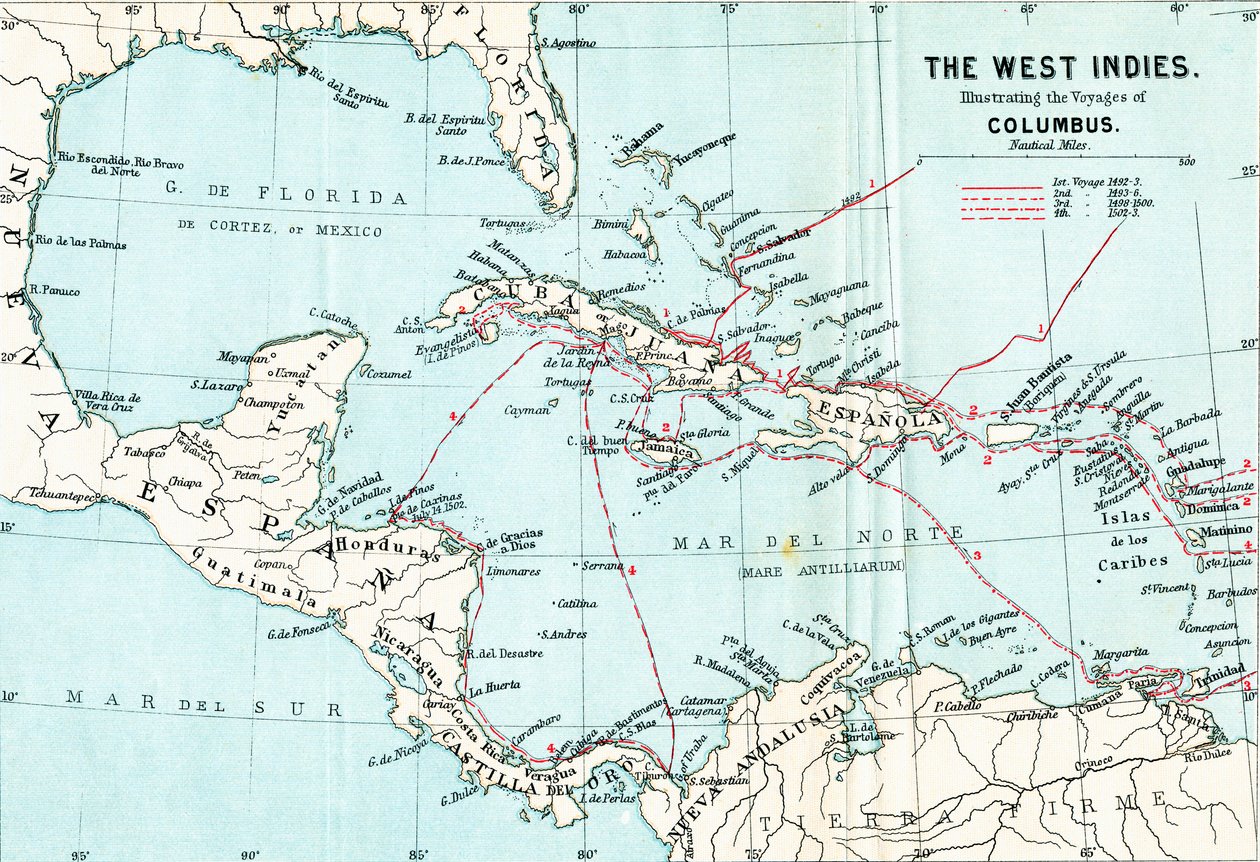 Mapa de las Indias Occidentales ilustrando los viajes de Cristóbal Colón, de la Vida de Cristóbal Colón por Clements R. Markham, publicado en 1892 de English School