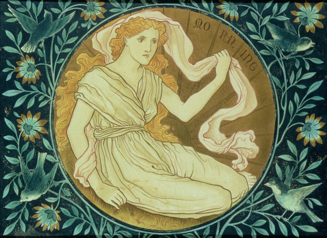 Mañana, panel decorado con una figura alegórica que representa el sol naciente, fabricado por Shrigley & Hunt, 1876 de English School