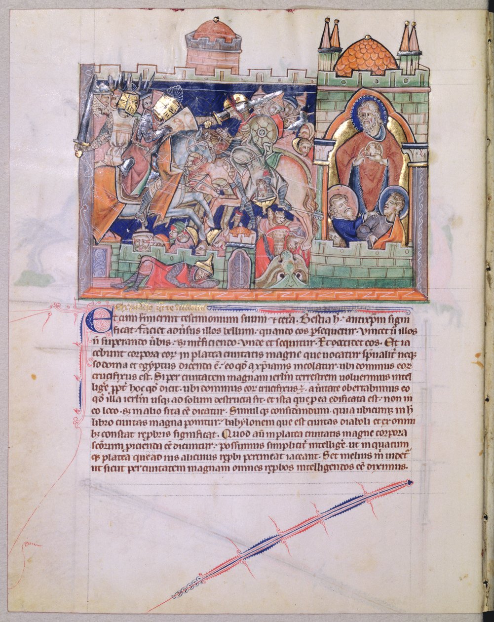Ms L.A. 139-Lisboa fol. 26v El templo de Dios se preserva mientras el ejército de las naciones arrasa el patio durante 42 meses, del Apocalipsis de Gulbenkian, c.1265-70 de English School