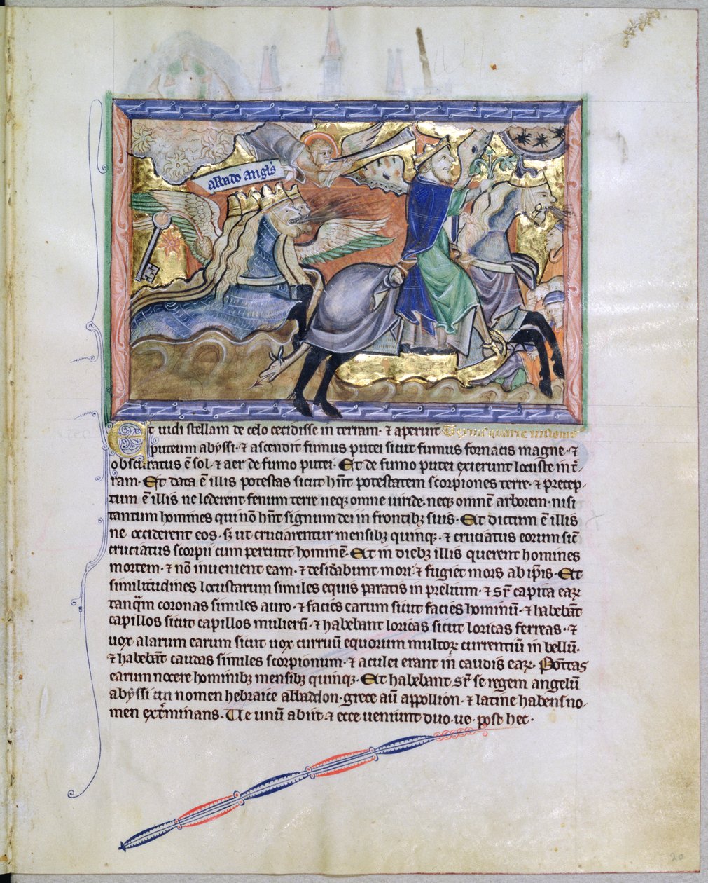 Ms L.A. 139-Lisboa fol.20 Exterminans, el rey de las langostas, surge del pozo, del Apocalipsis de Gulbenkian, c.1265-70 de English School