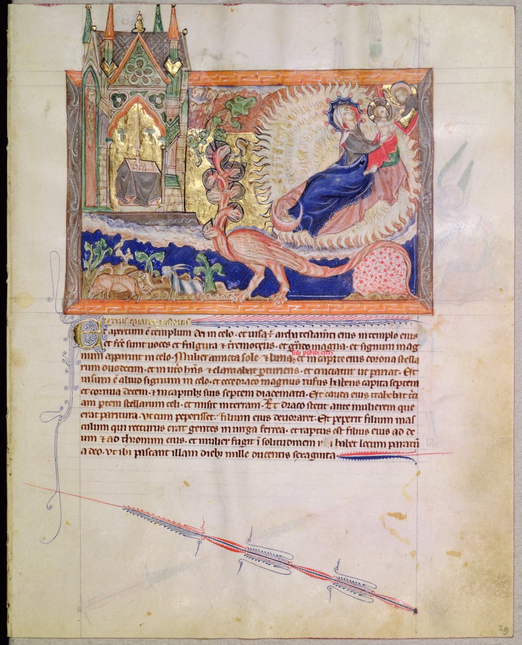 Ms L.A. 139-Lisboa fol.29 Dios rescatando al niño varón de ser devorado por el dragón rojo, del Apocalipsis de Gulbenkian, c.1265-70 de English School