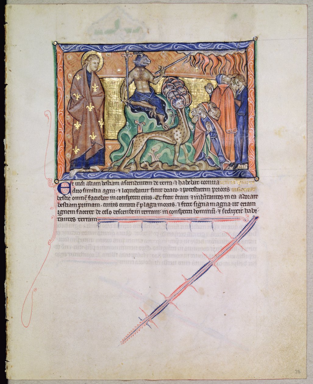 San Juan Evangelista viendo a la bestia traer fuego del cielo a la tierra, del Apocalipsis de Gulbenkian, c.1265-70 de English School