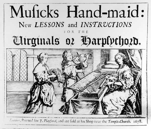 La Doncella de la Música: Nuevas Lecciones e Instrucciones para los Virginales o Clavicémbalos, grabado por Guiseppe Vaughan, 1678 de English School