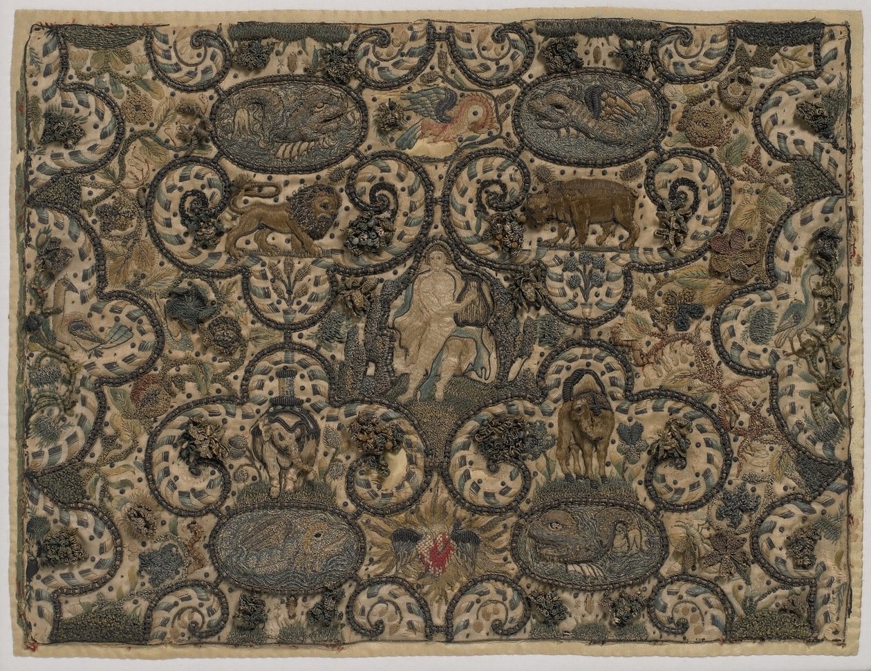 Orfeo encantando a los animales con su laúd, bordado de seda en relieve, c.1630 de English School