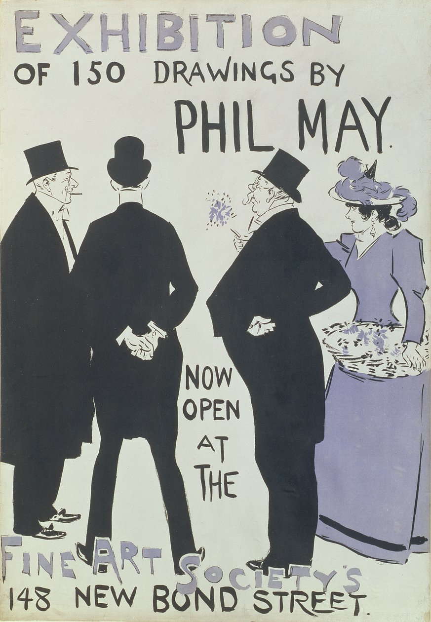 Póster Publicitario de una Exposición de 150 Dibujos de Phil May en la Fine Art Society, New Bond Street, 1895 de English School