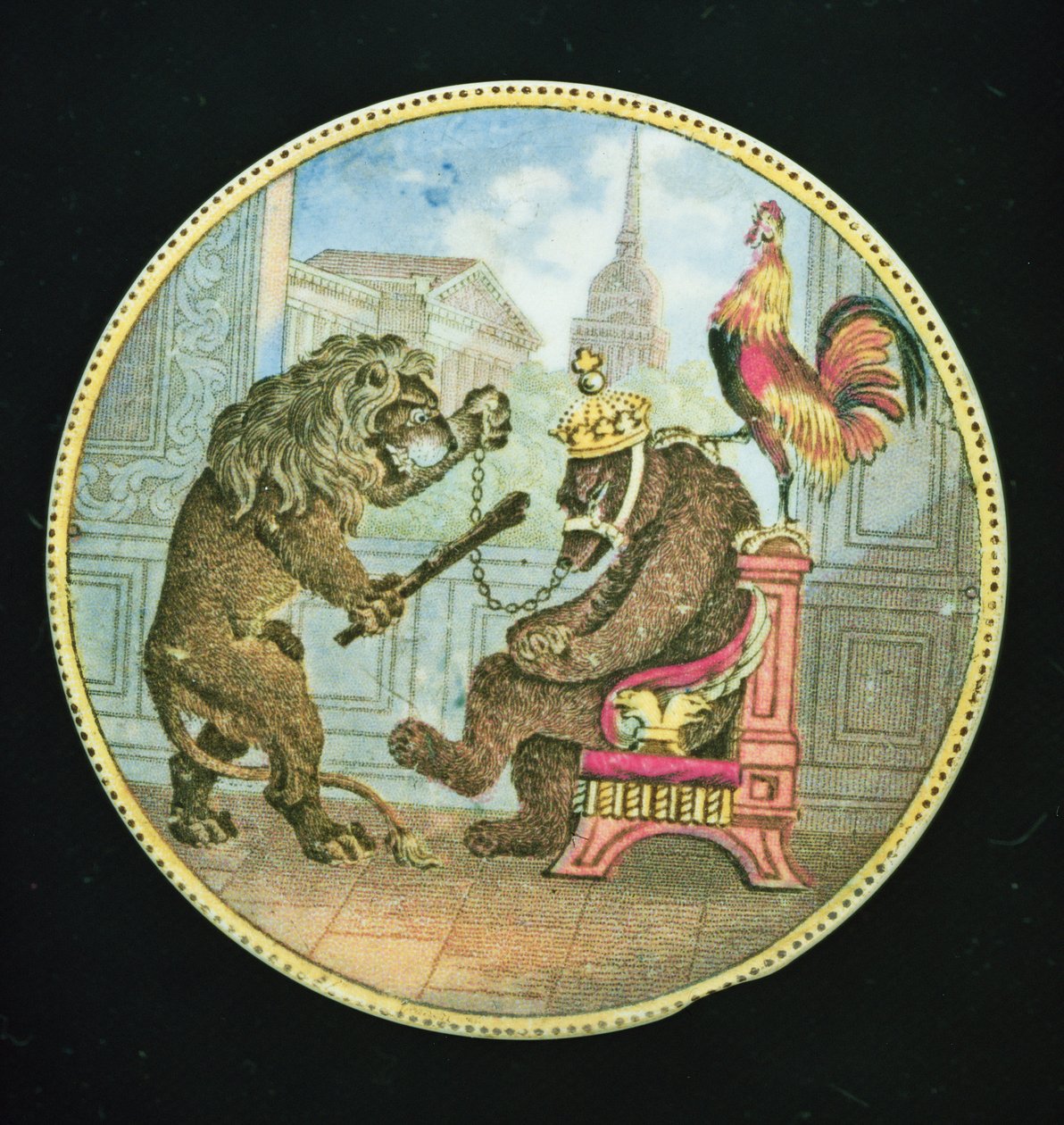 Tapa de Olla, que representa un oso, un león y un gallo, Staffordshire de English School