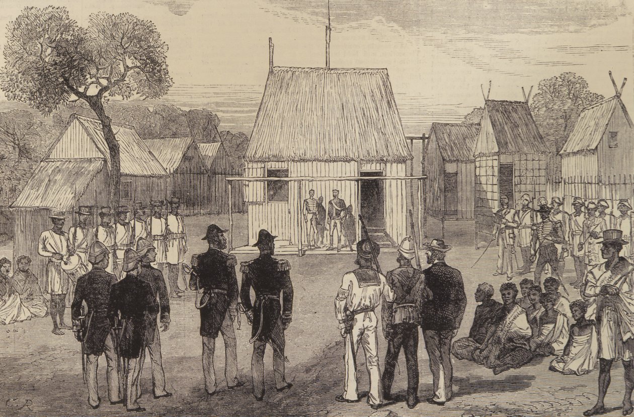 Recepción de oficiales navales británicos por el gobernador nativo de Mohabo, Madagascar, de The Illustrated London News, 26 de noviembre de 1881 de English School