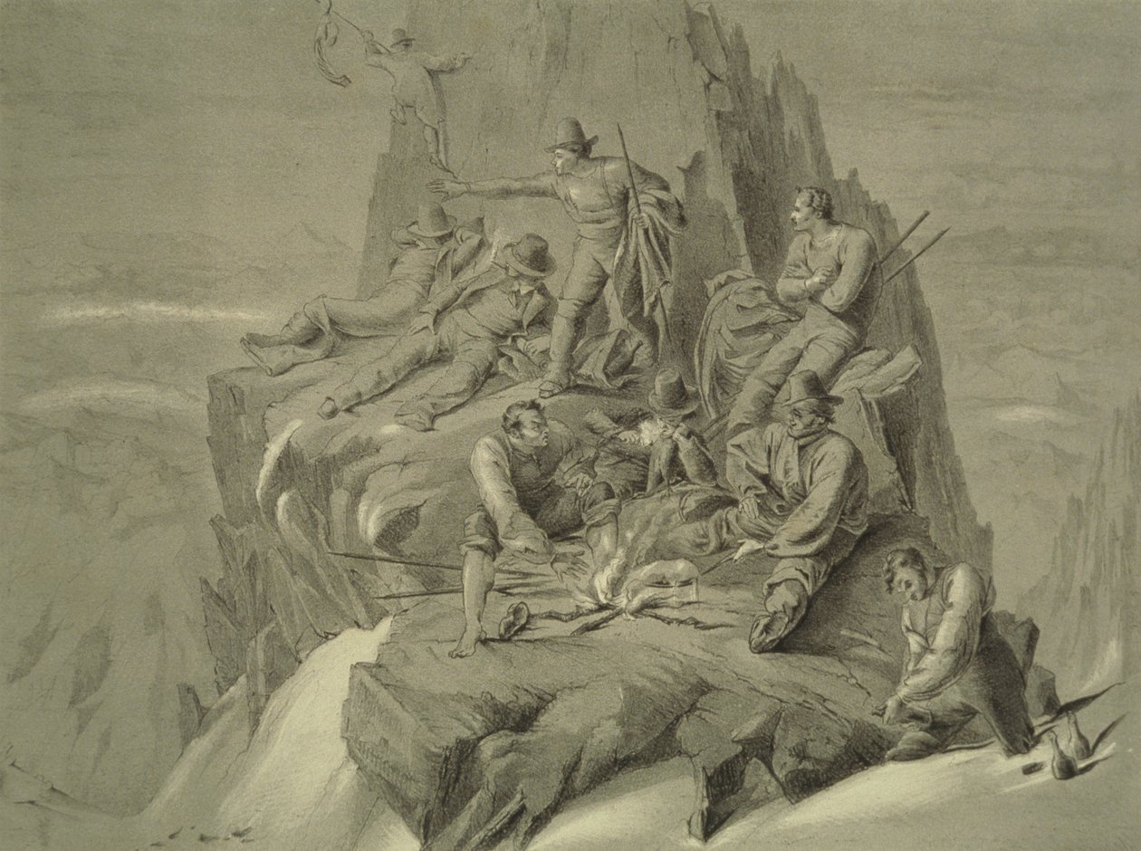 Descansando en un saliente, de Diez escenas en el último ascenso al Mont Blanc, incluyendo cinco vistas desde la cumbre, por J.D.H. Browne, publicado en 1853 de English School