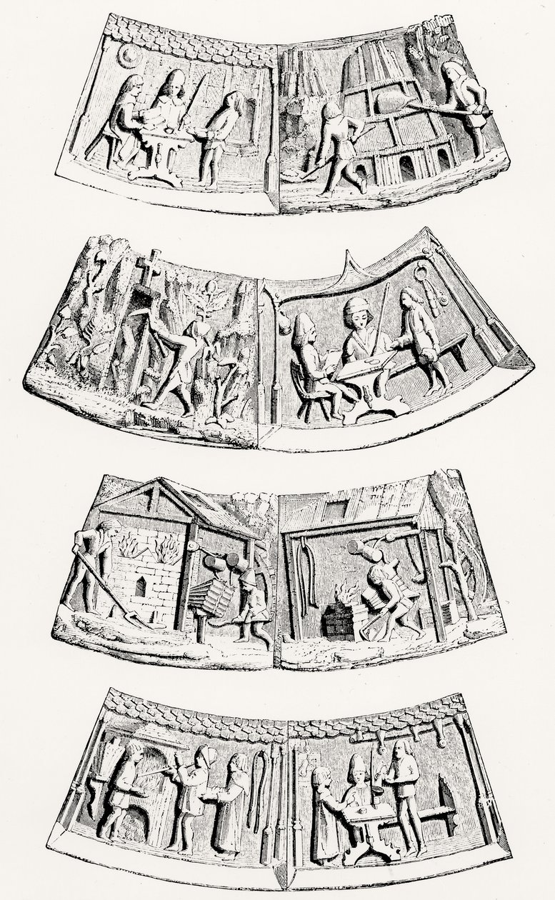 La fundición de metales preciosos, piezas en el collar ceremonial del Miembro Senior de los Orfebres de Gante, ilustración de Ciencia y Literatura en la Edad Media y el Renacimiento, escrita y grabada por Paul Lacroix de English School