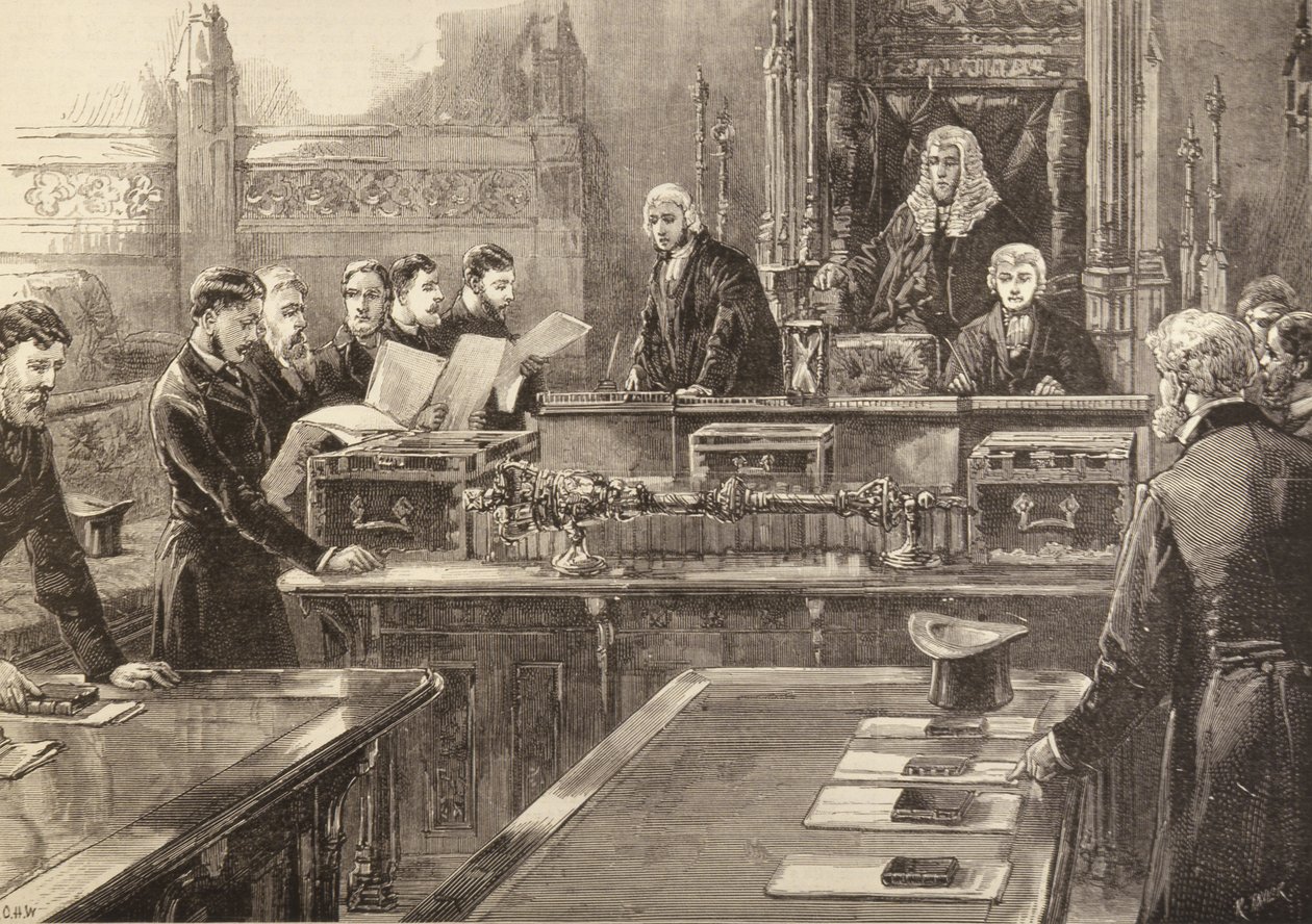 La apertura del Parlamento: Miembros tomando el juramento, grabado por R. Taylor, de The Illustrated London News, 23 de enero de 1886 de English School