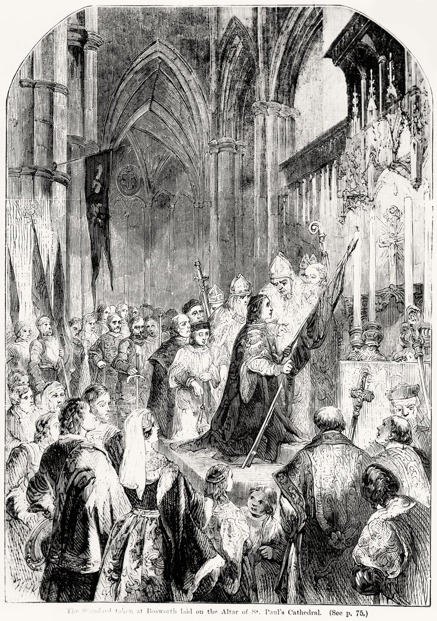El estandarte tomado en Bosworth colocado en el altar de la Catedral de San Pablo en 1486 de English School