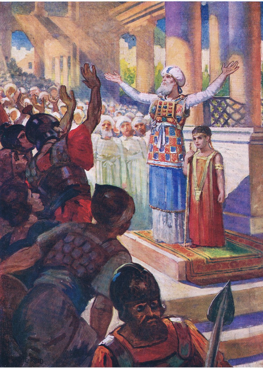 El niño Joás coronado rey, de The Bible Picture Book publicado por Thomas Nelson, c.1950 de English School