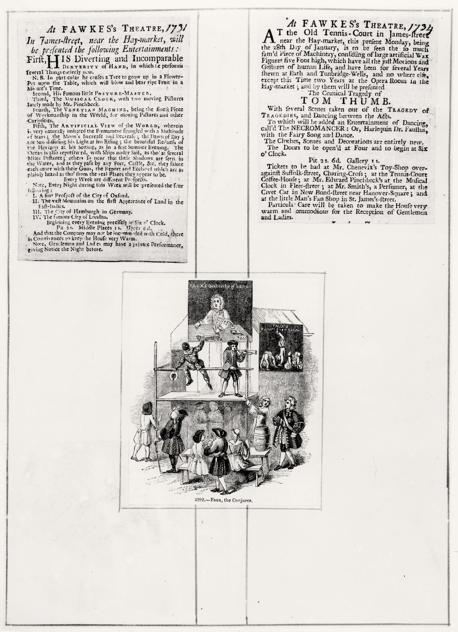 Dos Anuncios Relacionados con Faux, el Ilusionista, c.1731-34 de English School