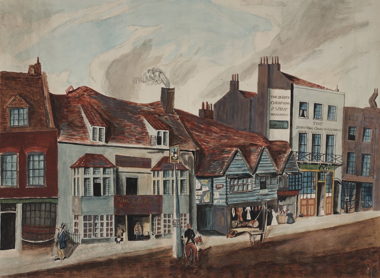 Vista de Newington Butts, Southwark mostrando la Taberna George y frentes de tiendas, c.1825 de English School