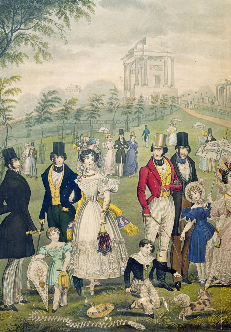 Vista del Green Park, Londres, mostrando las modas de la época, detalle del lado izquierdo, c.1830 de English School
