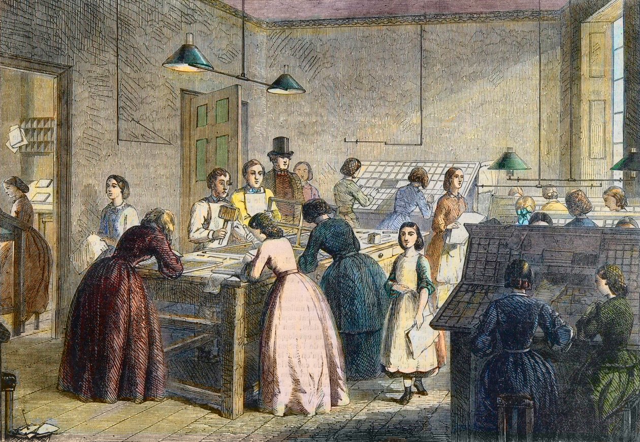 Mujeres compositoras en la oficina de impresión de la Victoria Press, Great Coram Street, Londres, en 1860 de English School