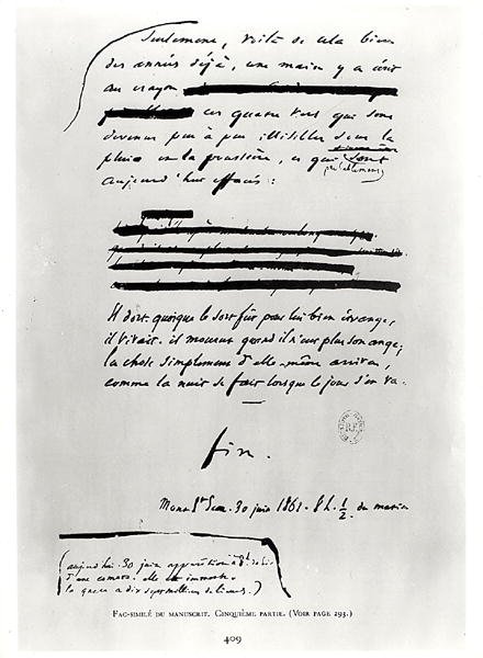 ... como la noche se hace cuando el día se va. (fin), facsímil de la última página del manuscrito Los Miserables de Victor Hugo (1802-85) 30 de junio de 1862 de French School