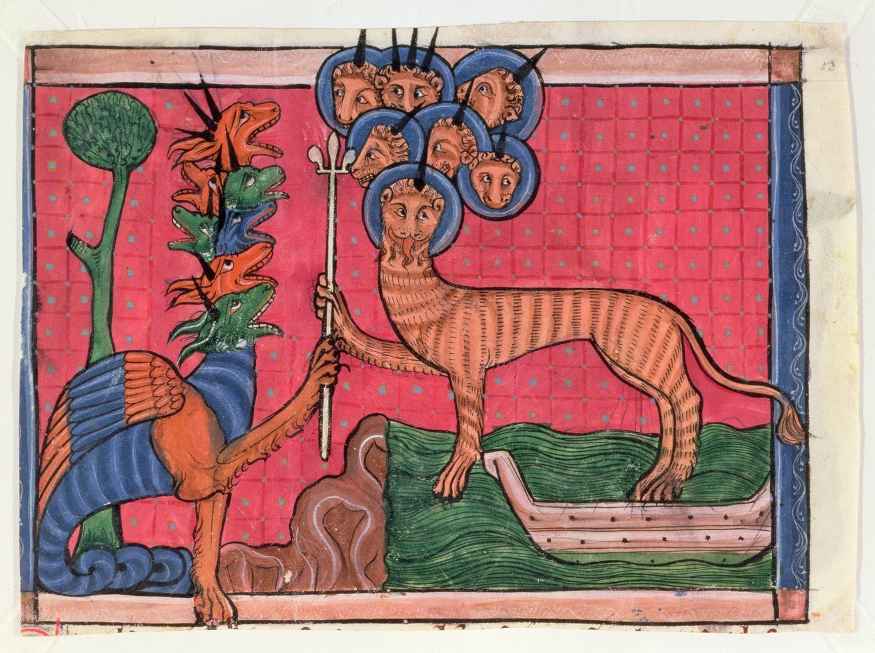 Miniaturas del Apocalipsis: El Dragón en Guerra y La Bestia del Mar, c.1295 de French School