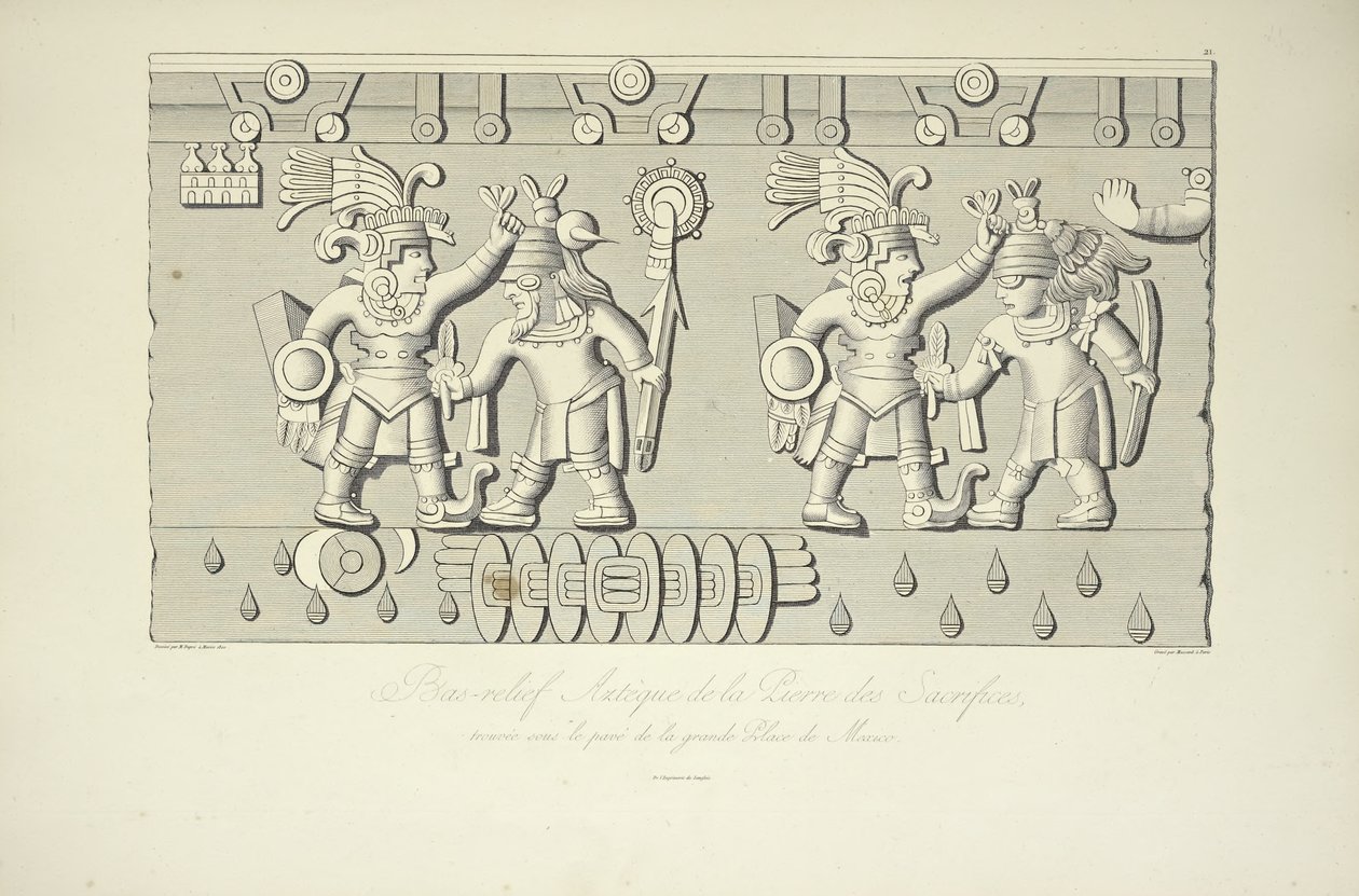 Relieve de piedra azteca de sacrificios, ilustración de Vues des Cordillères et Monumens des Peuples Indigènes de l