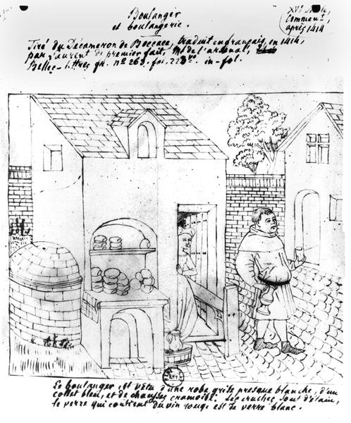 Panadero y Panadería, dibujado después de una iluminación original para una traducción francesa del Decamerón de Boccaccio (1313-75) hecha en 1414 de French School