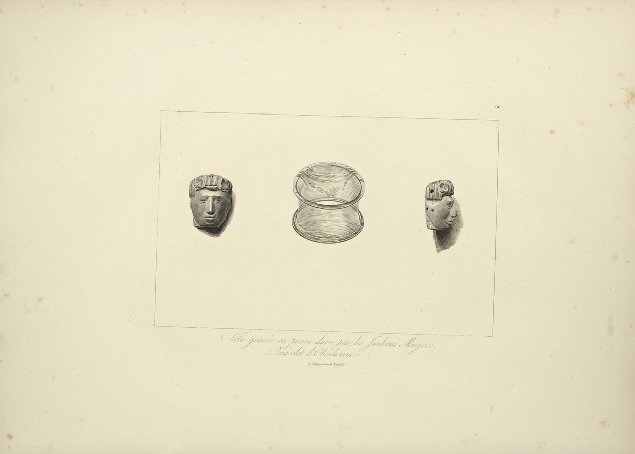 Cabeza grabada de piedra dura de los indios Muycas, brazalete de obsidiana, ilustración de Vues des Cordillères et Monumens des Peuples Indigènes de l
