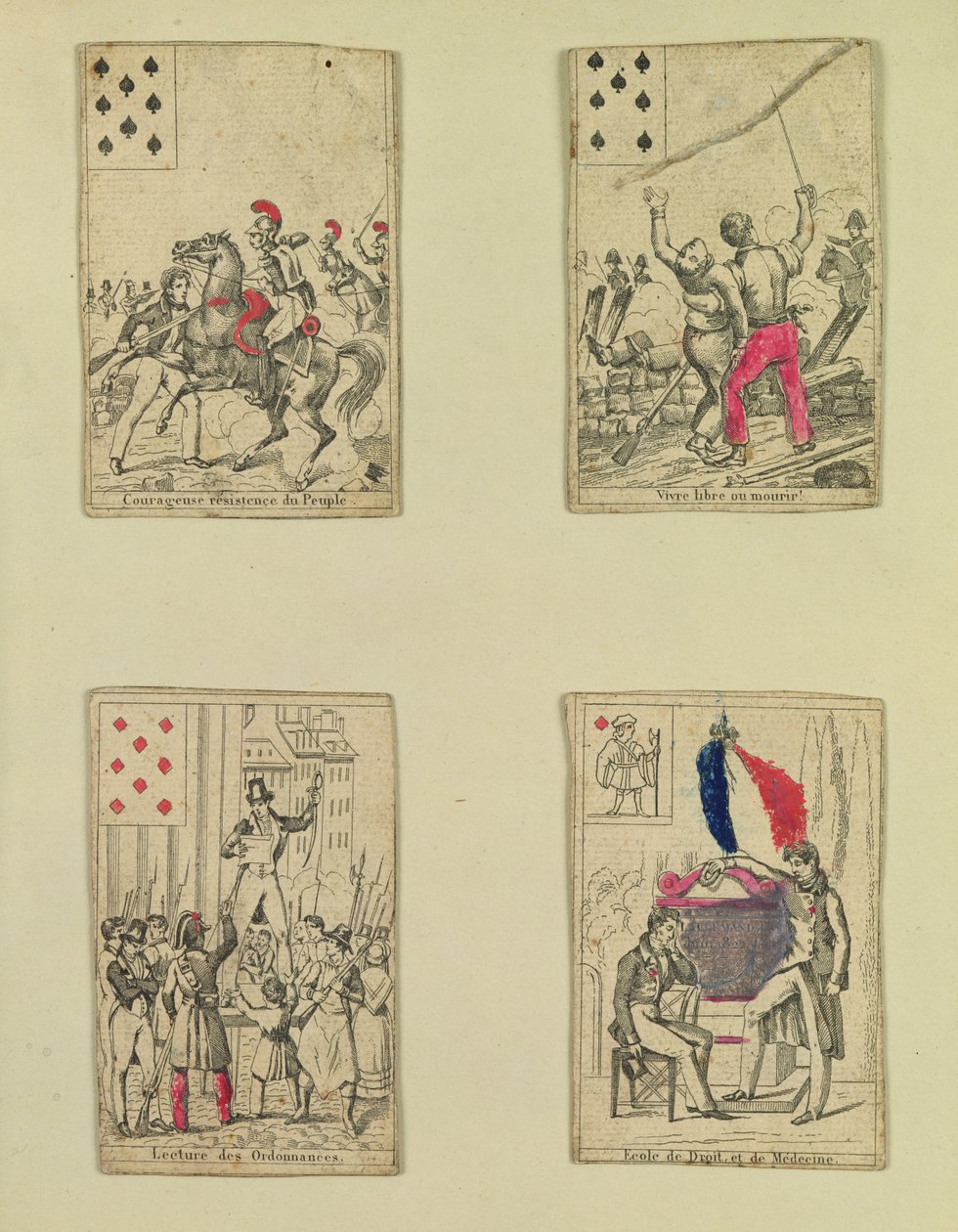 Cuatro cartas conmemorativas de los héroes de julio de 1830, 1831 de French School